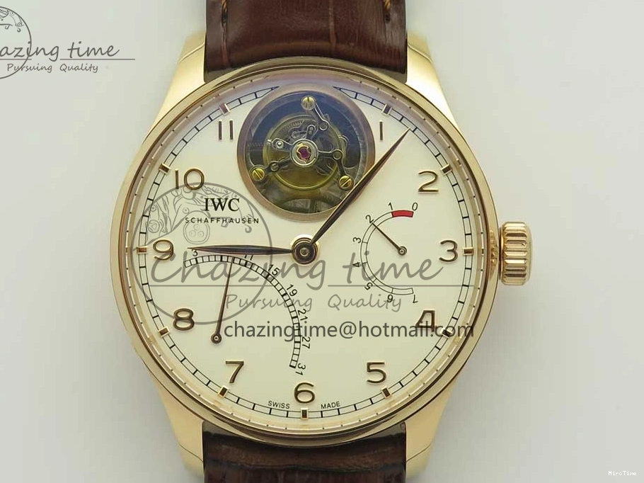 MIROTIME 0209 Portuguese Tourbillon IW504602 RG ZF Best Edition White Dial on Brown Leather Strap Stretchable 7178